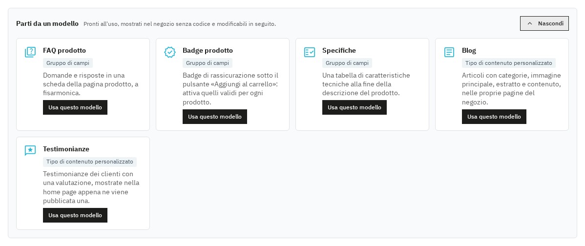 Galleria dei modelli: FAQ prodotto, badge, specifiche, blog e testimonianze