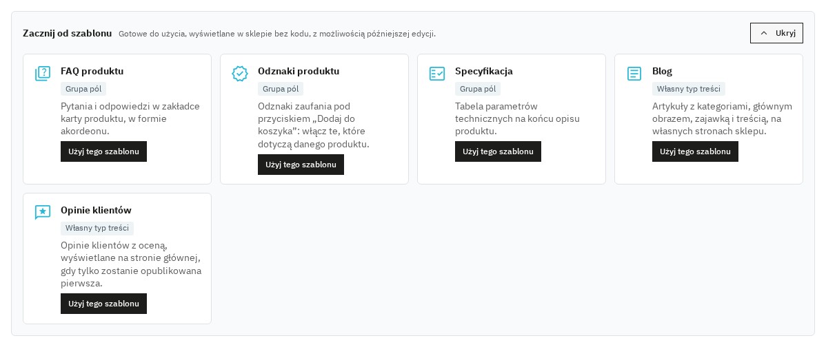 Galeria szablonów: FAQ produktu, odznaki, specyfikacja, blog i opinie