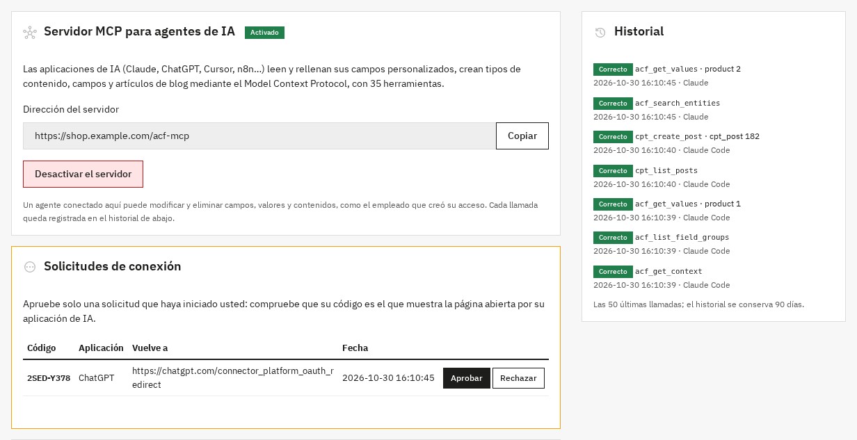Pestaña Agentes de IA (MCP): servidor activado, dirección para copiar, solicitud de conexión que aprobar e historial de llamadas