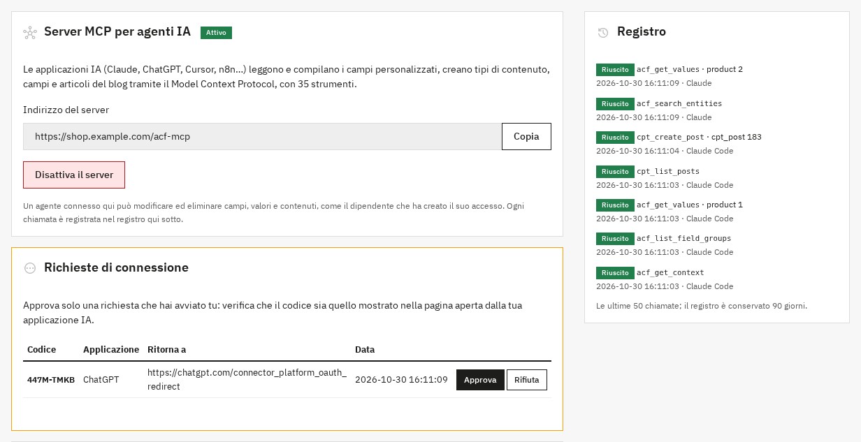 Scheda Agenti IA (MCP): server attivo, indirizzo da copiare, richiesta di connessione da approvare e registro delle chiamate