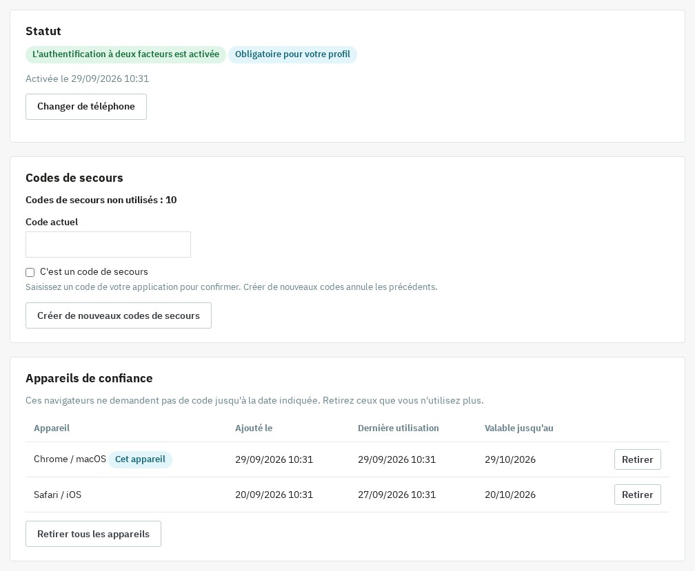 Page « Mon authentification à deux facteurs » : statut activé, 10 codes de secours non utilisés et liste des appareils de confiance (Chrome / macOS, Safari / iOS) avec leur date de validité