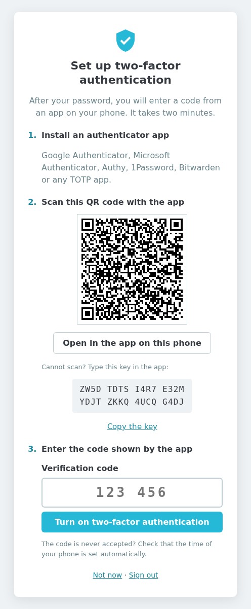 Set-up page: install an authenticator app, scan the QR code (or type the key), then enter the code shown by the app