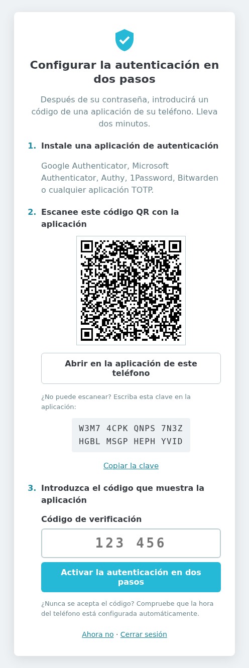 Página de configuración: instalar una aplicación de autenticación, escanear el código QR (o escribir la clave) e introducir el código que muestra la aplicación