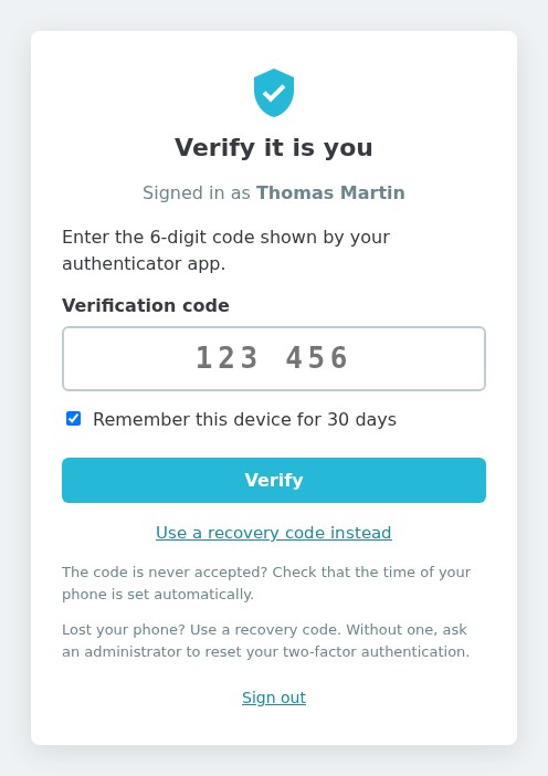 "Verify it is you" page: 6-digit code field, the "Remember this device for 30 days" box ticked and a link to the recovery codes