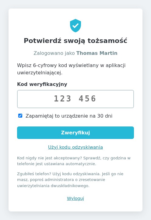 Strona „Potwierdź swoją tożsamość”: pole 6-cyfrowego kodu, zaznaczone pole „Zapamiętaj to urządzenie na 30 dni” i link do kodów odzyskiwania