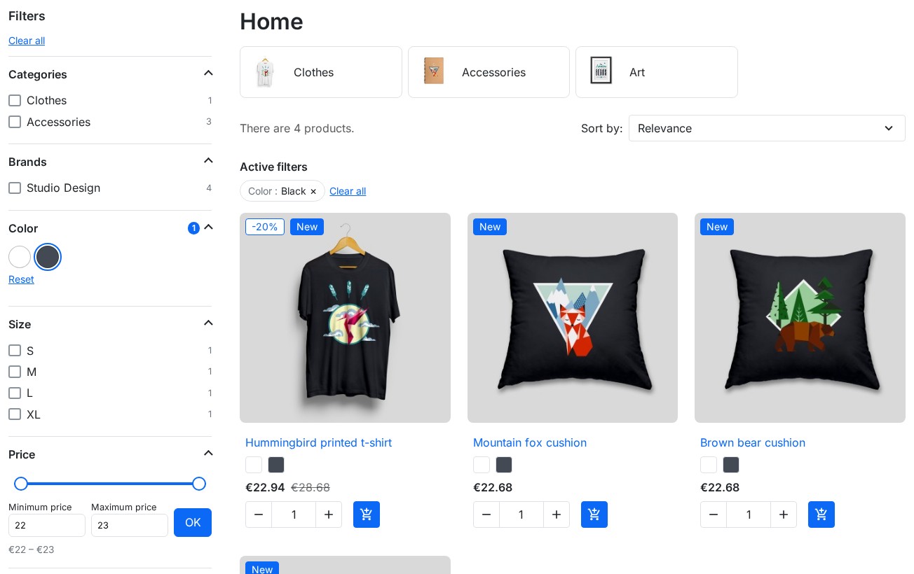 Filters in the category column: color, size, price and active filters