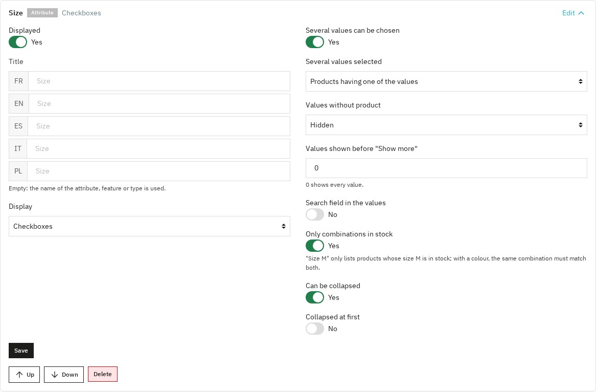 Filter group settings: title per language, display, values without products and in-stock combinations