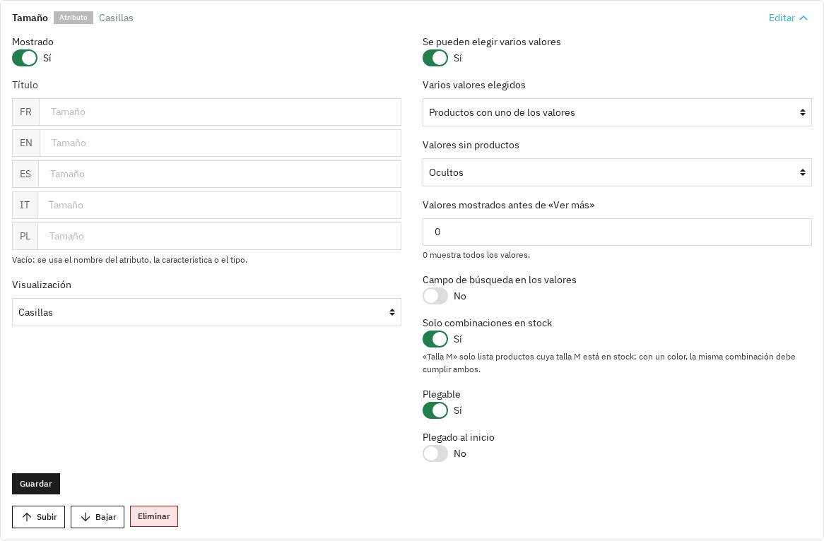 Ajustes de un grupo de filtros: título por idioma, visualización, valores sin productos y combinaciones en stock
