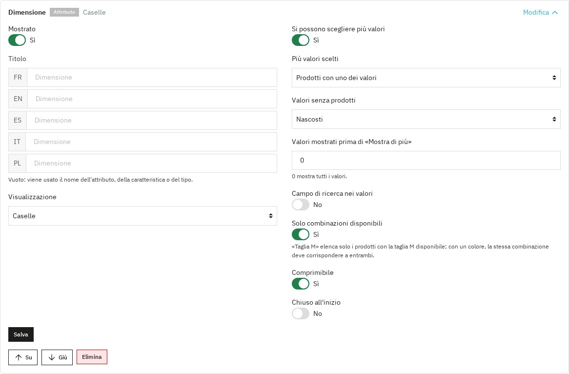 Impostazioni di un gruppo di filtri: titolo per lingua, visualizzazione, valori senza prodotti e combinazioni disponibili