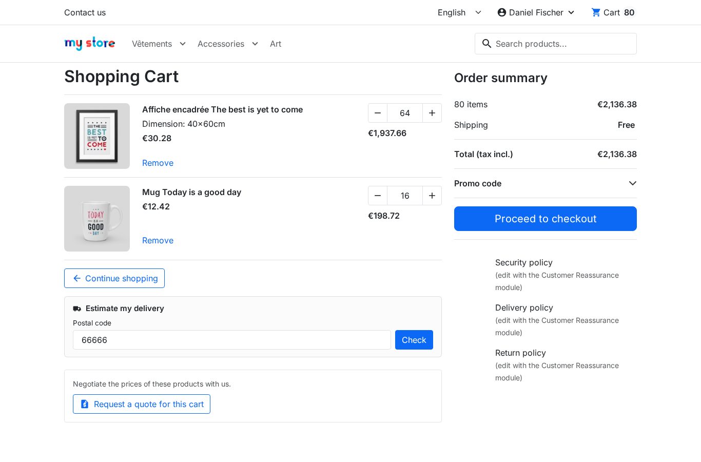 Carrito PrestaShop con los productos del presupuesto aceptado y el botón de pedido