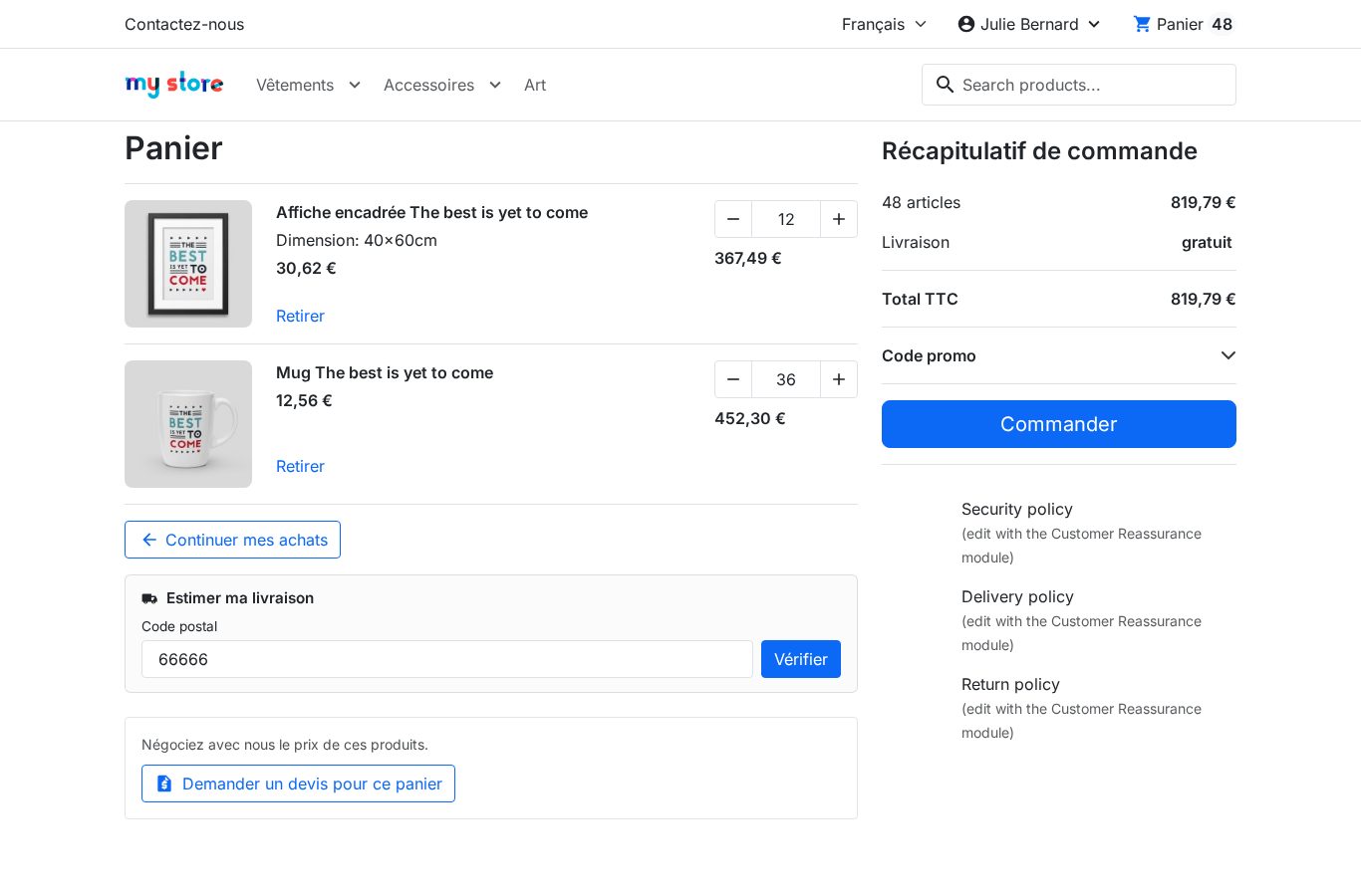 Panier PrestaShop avec les produits du devis accepté et le bouton de commande