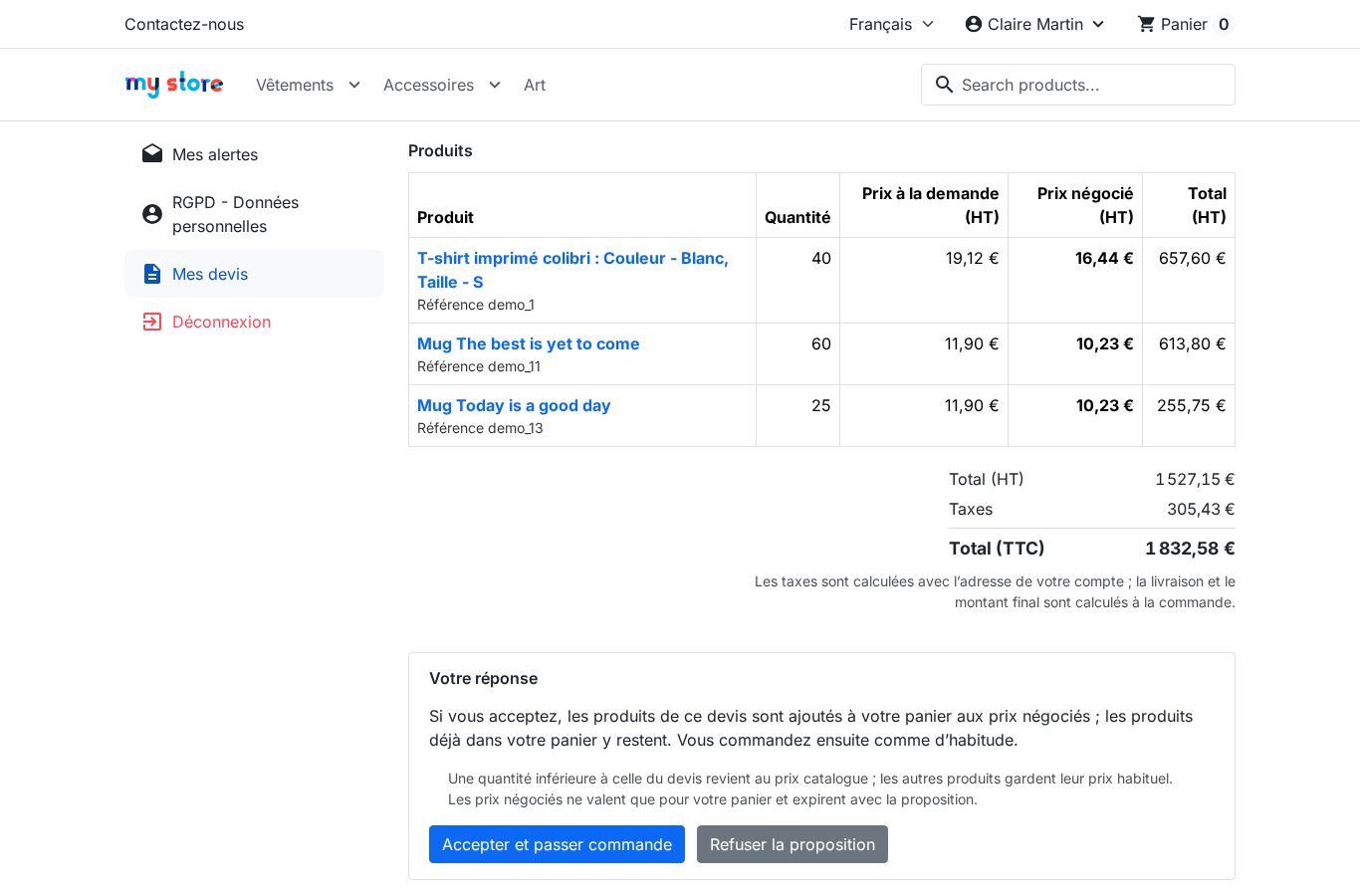 Page du devis dans le compte client, avec le prix négocié de chaque ligne et les boutons pour accepter ou refuser