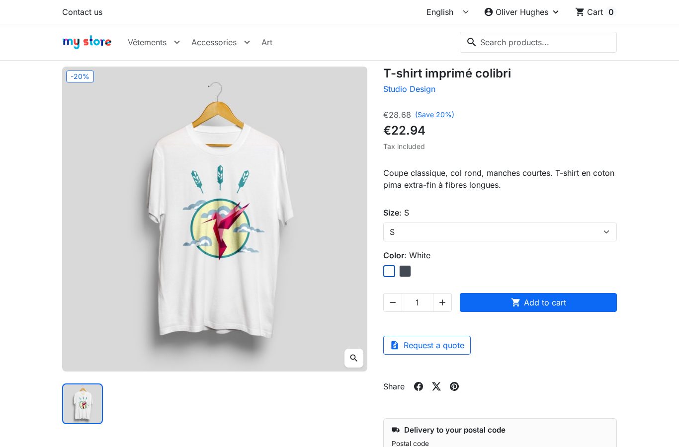 Ficha de producto PrestaShop con el botón «Solicitar presupuesto» bajo «Añadir al carrito»