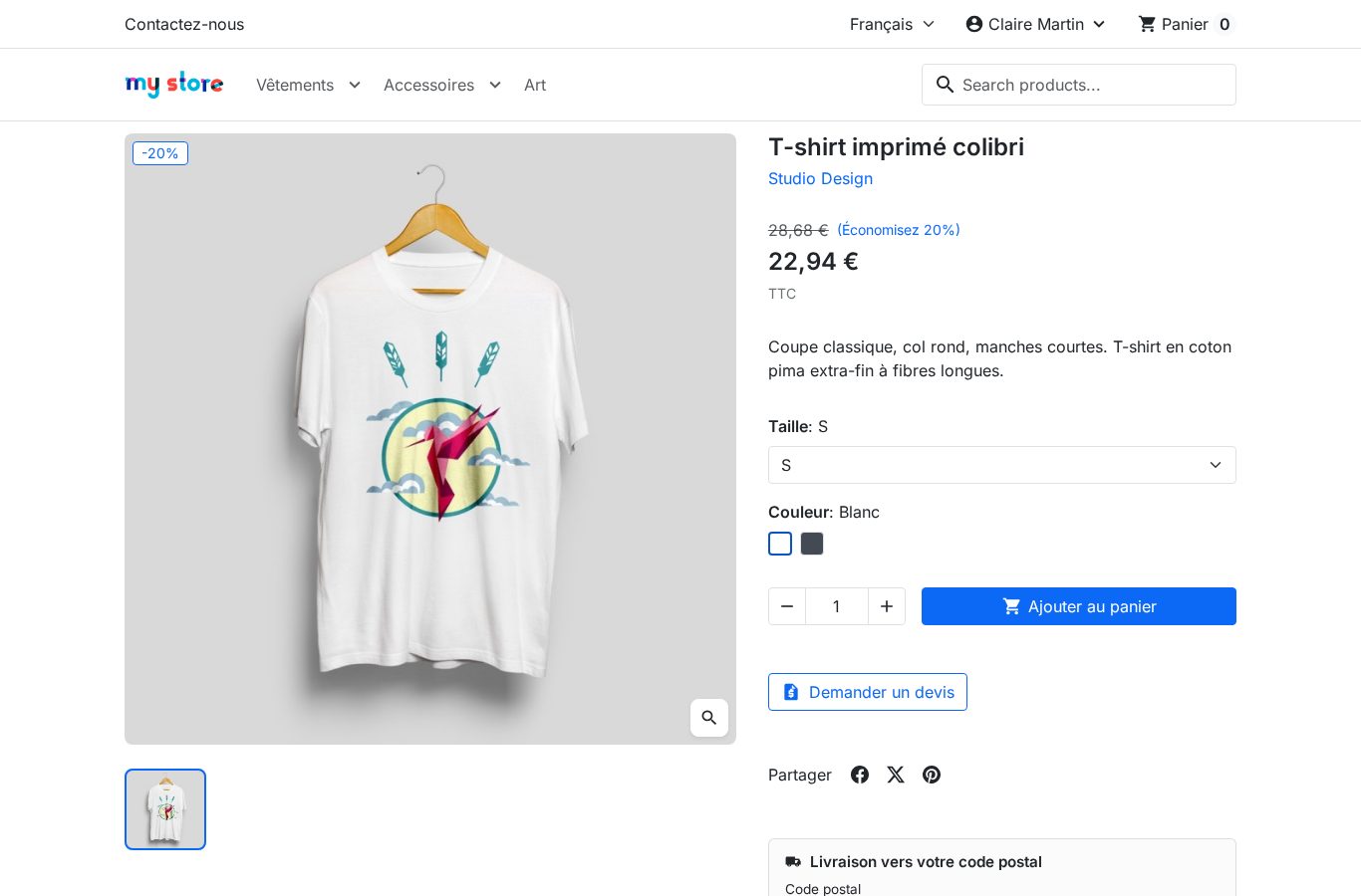 Fiche produit PrestaShop avec le bouton « Demander un devis » placé sous « Ajouter au panier »