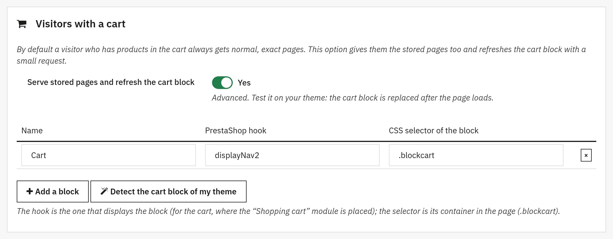 Cart block settings: the option for visitors with a cart switched on and the cart block detected in the theme