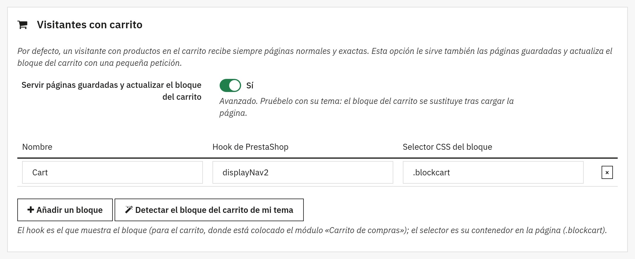 Ajustes del bloque del carrito: opción para visitantes con carrito activada y bloque del carrito detectado en el tema