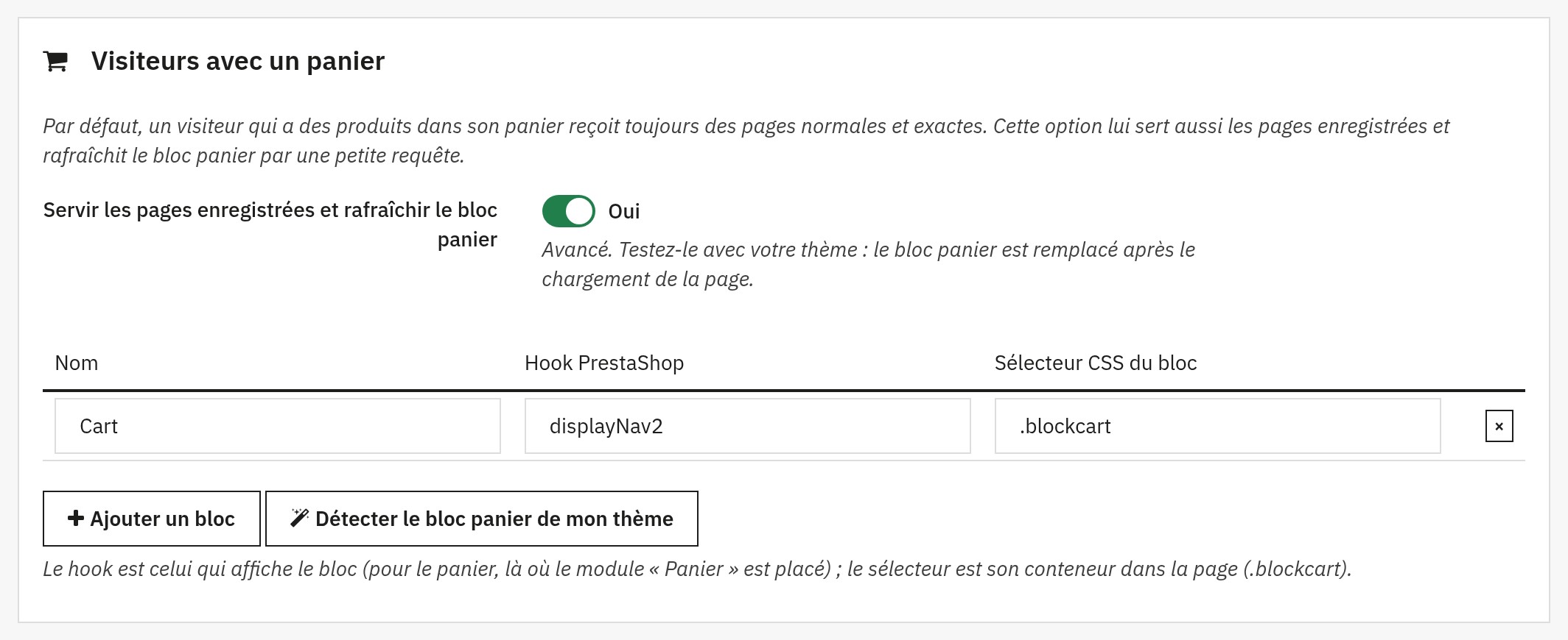 Réglages du bloc panier : option pour les visiteurs avec un panier activée et bloc panier détecté dans le thème