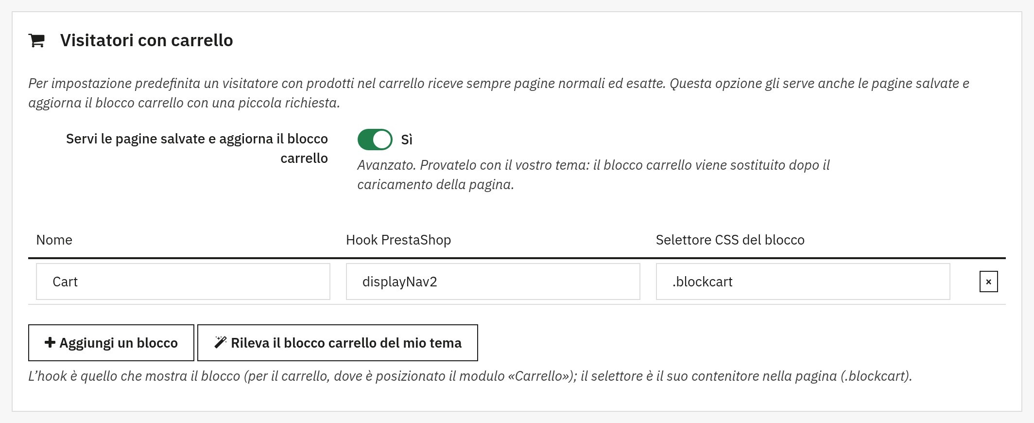 Impostazioni del blocco carrello: opzione per i visitatori con carrello attivata e blocco carrello rilevato nel tema