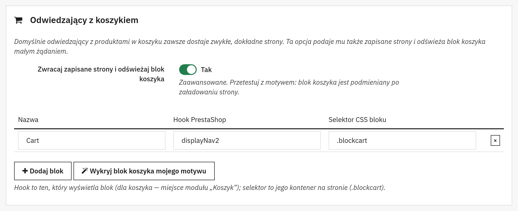 Ustawienia bloku koszyka: włączona opcja dla odwiedzających z koszykiem i blok koszyka wykryty w motywie
