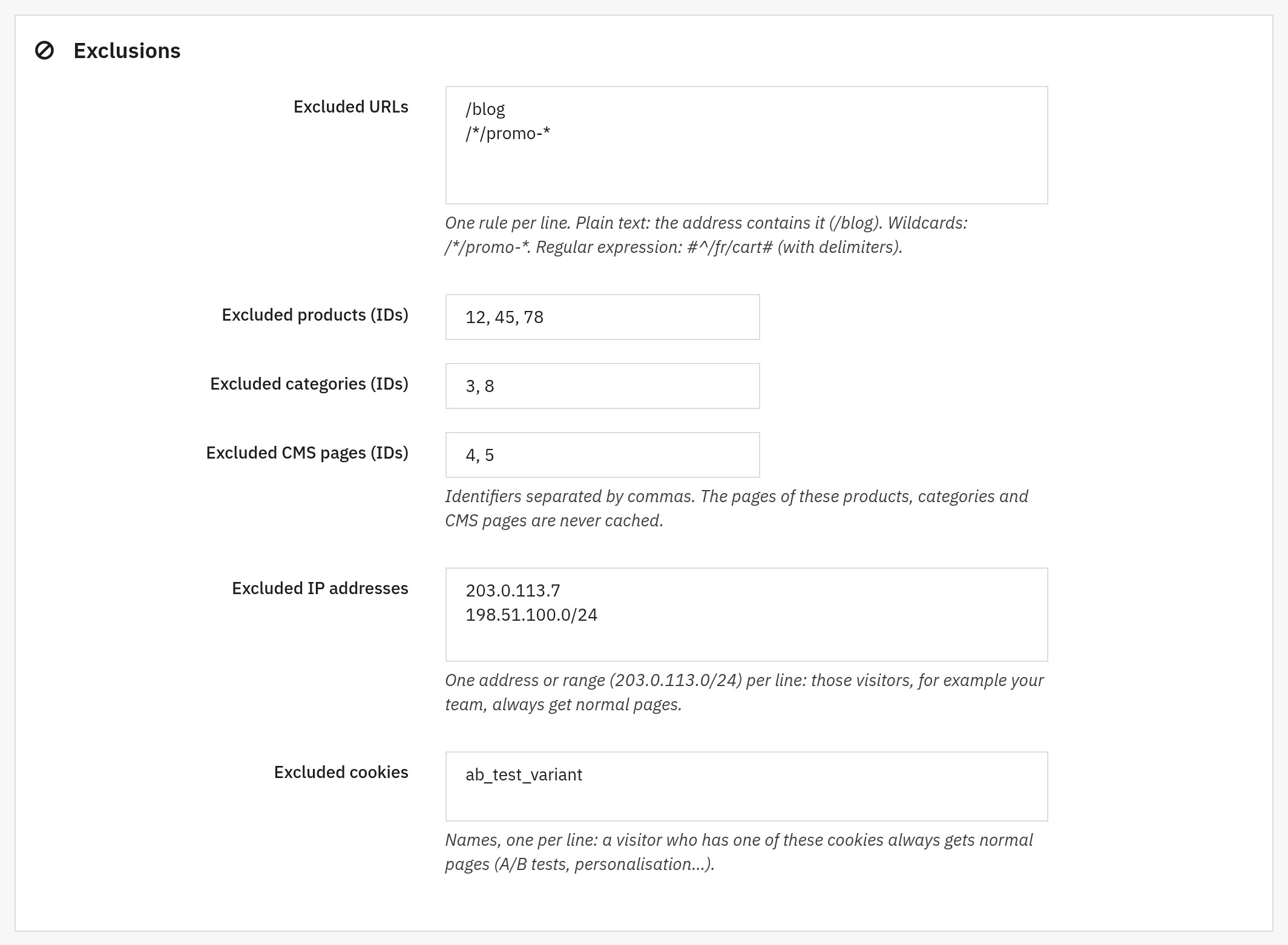 Exclusions settings: excluded URLs, product, category and CMS page identifiers, IP addresses and cookies, filled with examples