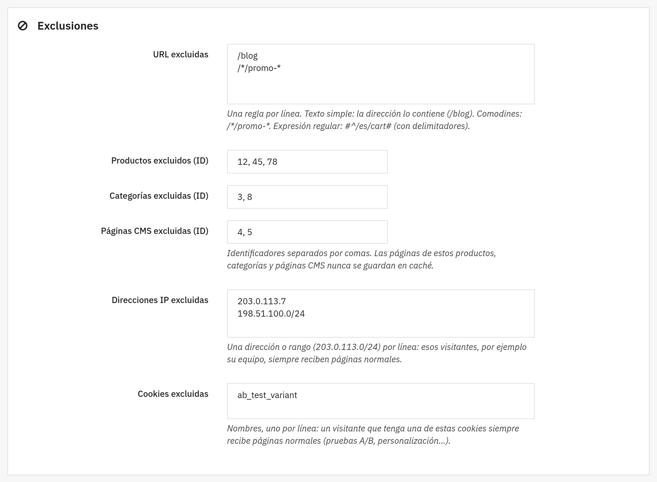 Ajustes de exclusiones: URL excluidas, identificadores de productos, categorías y páginas CMS, direcciones IP y cookies, con ejemplos