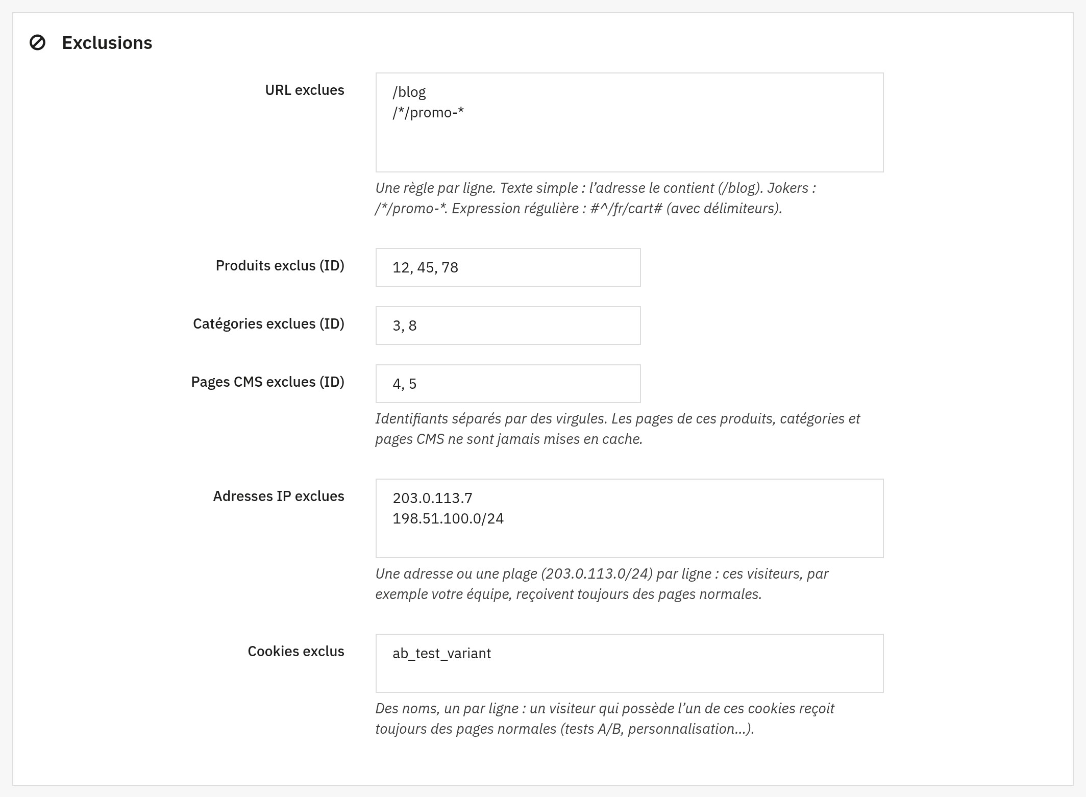 Réglages des exclusions : URL exclues, identifiants de produits, de catégories et de pages CMS, adresses IP et cookies, remplis avec des exemples