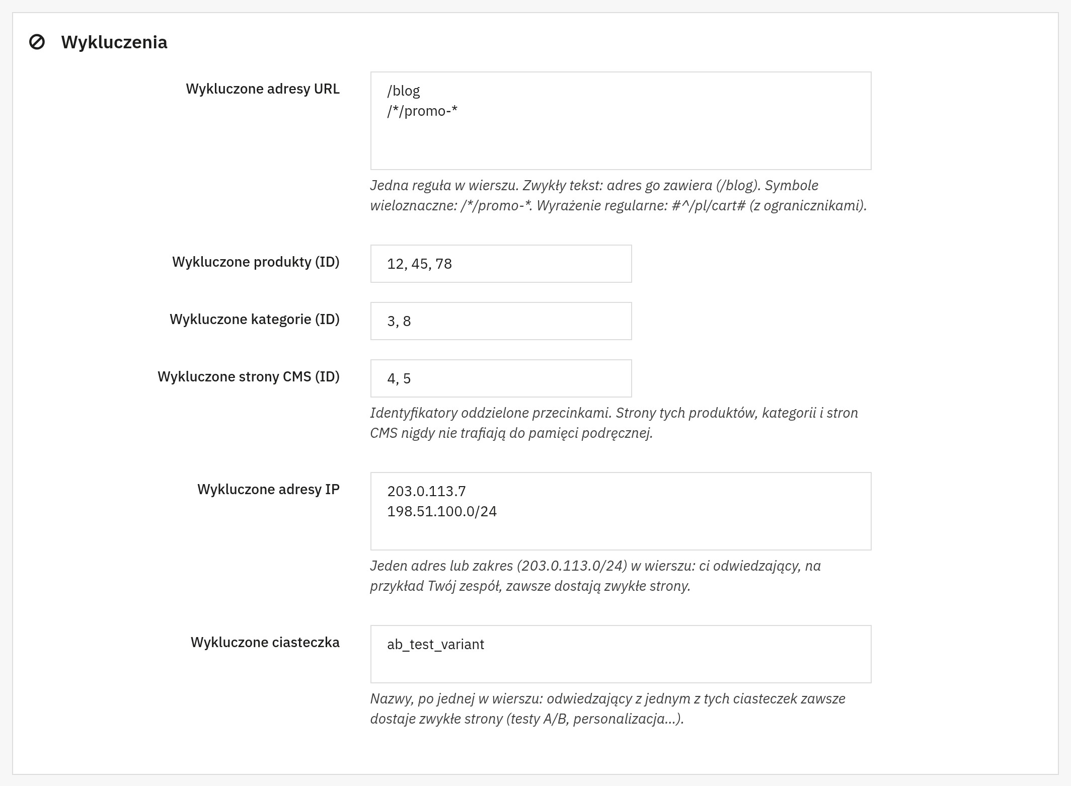 Ustawienia wykluczeń: wykluczone adresy URL, identyfikatory produktów, kategorii i stron CMS, adresy IP i ciasteczka, wypełnione przykładami