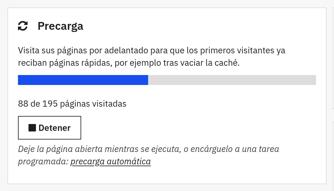 Precarga en curso: barra de progreso y número de páginas visitadas, con un botón Detener