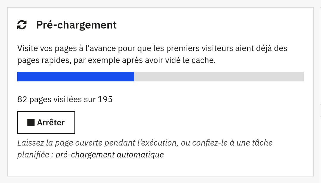 Pré-chargement en cours : barre de progression et nombre de pages visitées, avec un bouton Arrêter