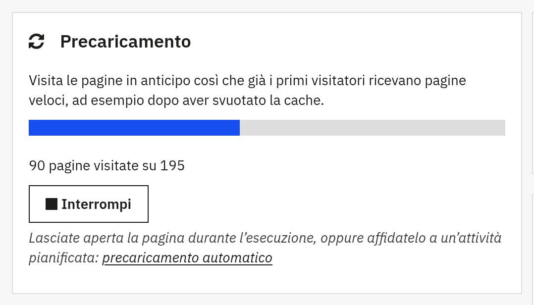 Precaricamento in corso: barra di avanzamento e numero di pagine visitate, con un pulsante Interrompi