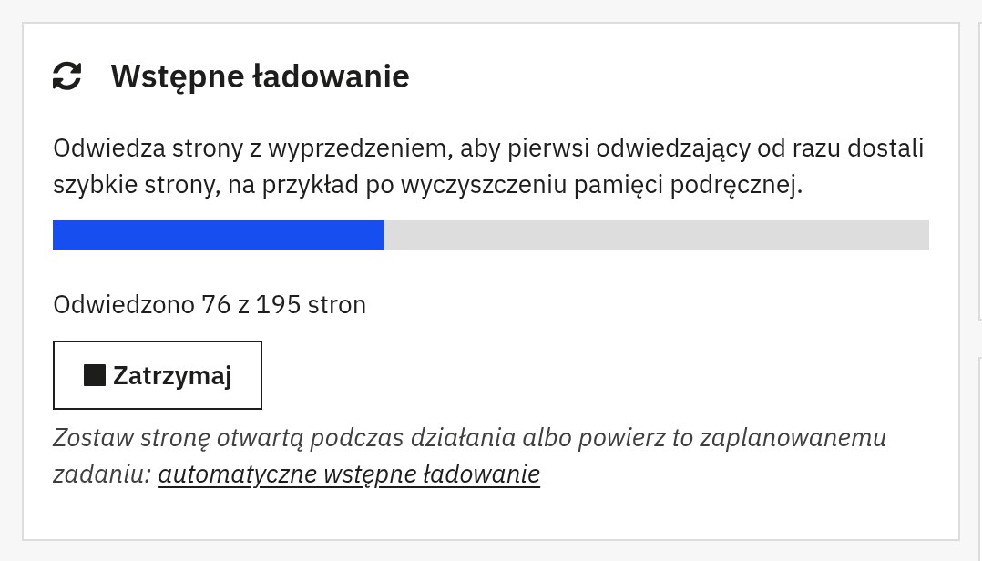 Wstępne ładowanie w toku: pasek postępu i liczba odwiedzonych stron, z przyciskiem Zatrzymaj