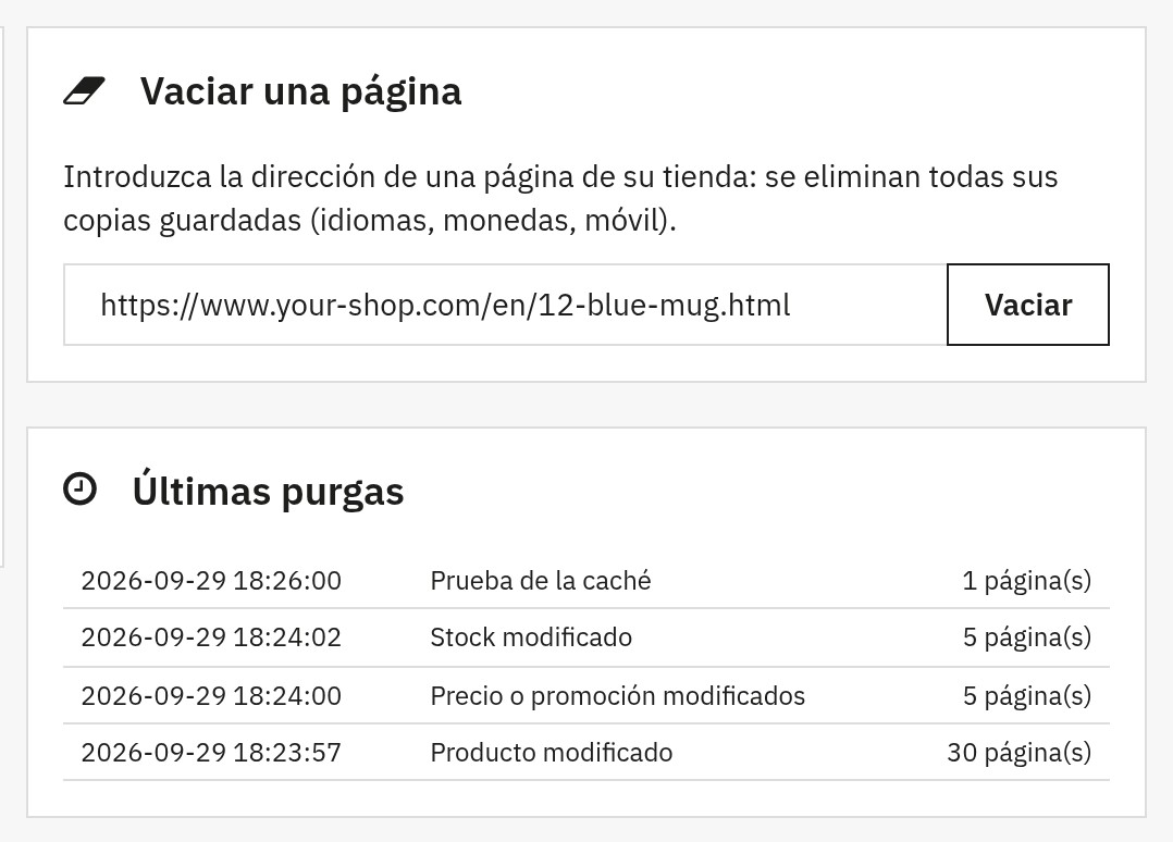 Zona «Vaciar una página» con la dirección de una página de la tienda y lista de las últimas purgas con su fecha y su causa