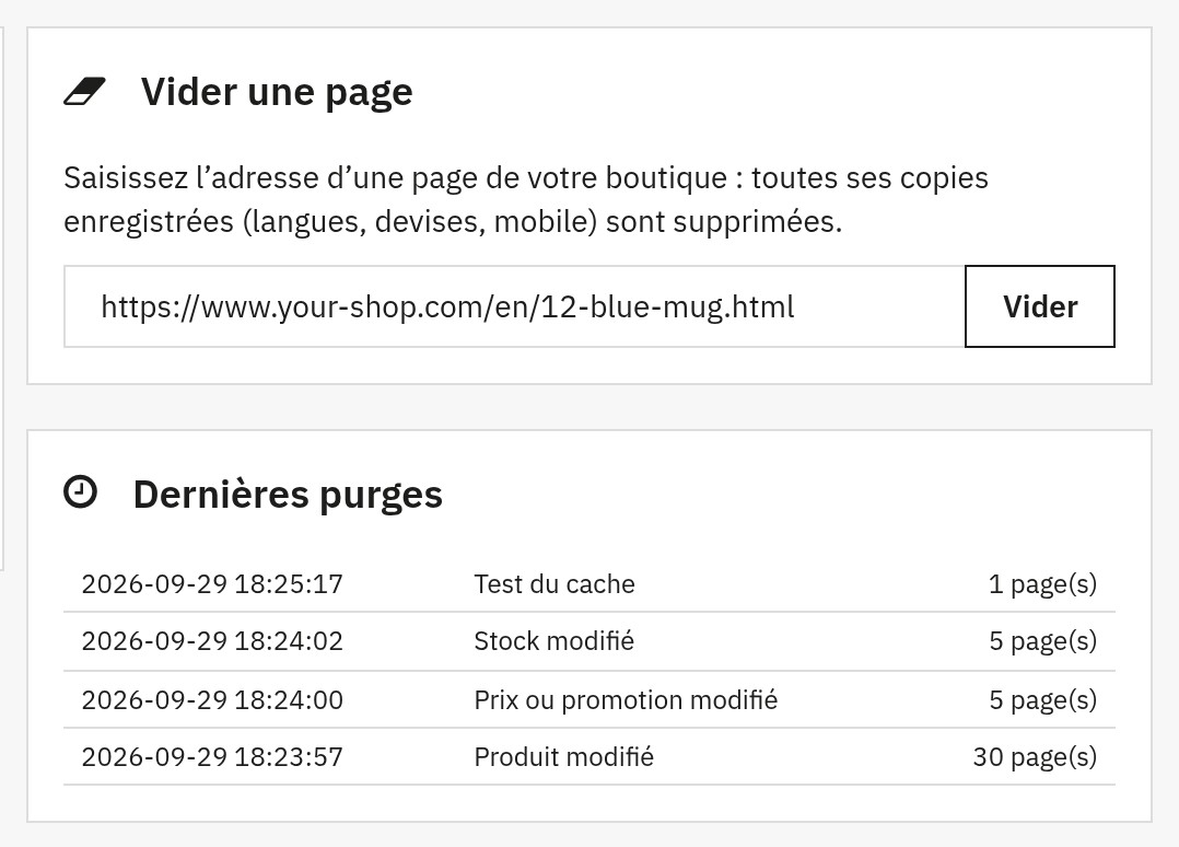 Zone « Vider une page » avec l’adresse d’une page de la boutique, et liste des dernières purges avec leur date et leur cause