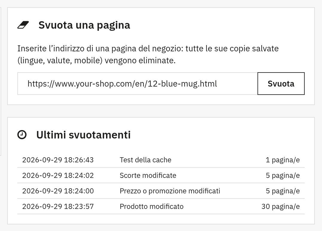 Area «Svuota una pagina» con l’indirizzo di una pagina del negozio e l’elenco degli ultimi svuotamenti con data e causa