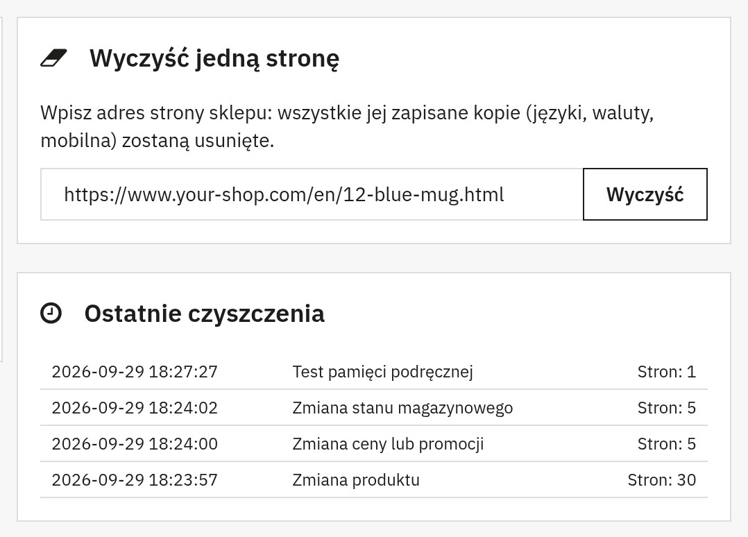 Obszar „Wyczyść jedną stronę” z adresem strony sklepu i lista ostatnich czyszczeń z datą i przyczyną