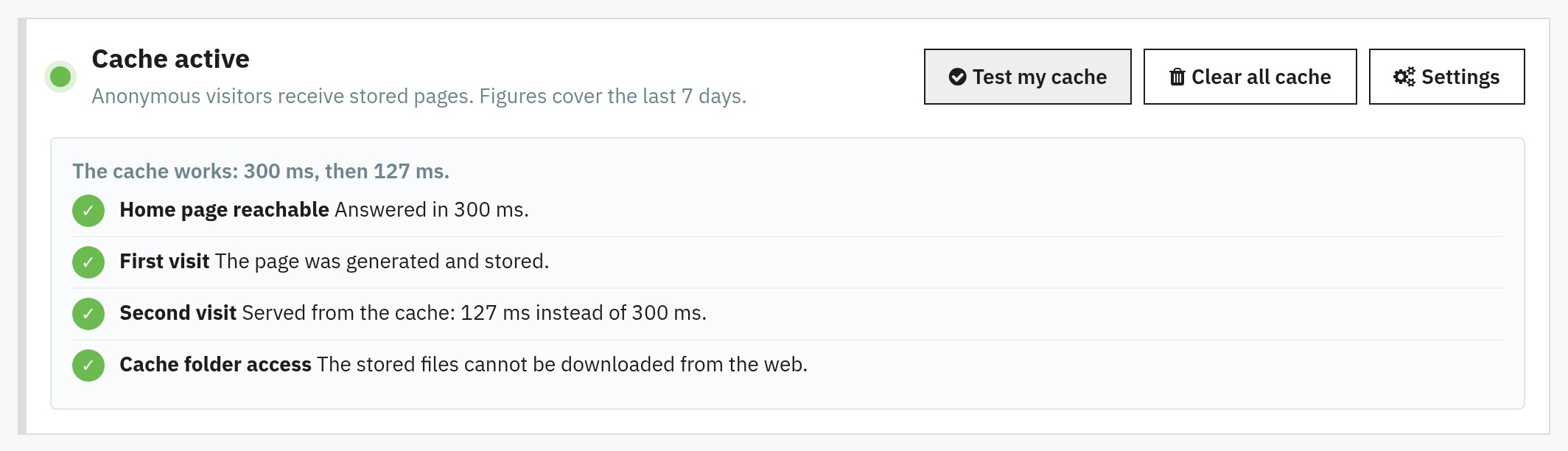 Result of Test my cache: first visit generated and stored, second visit served from the cache, with both response times