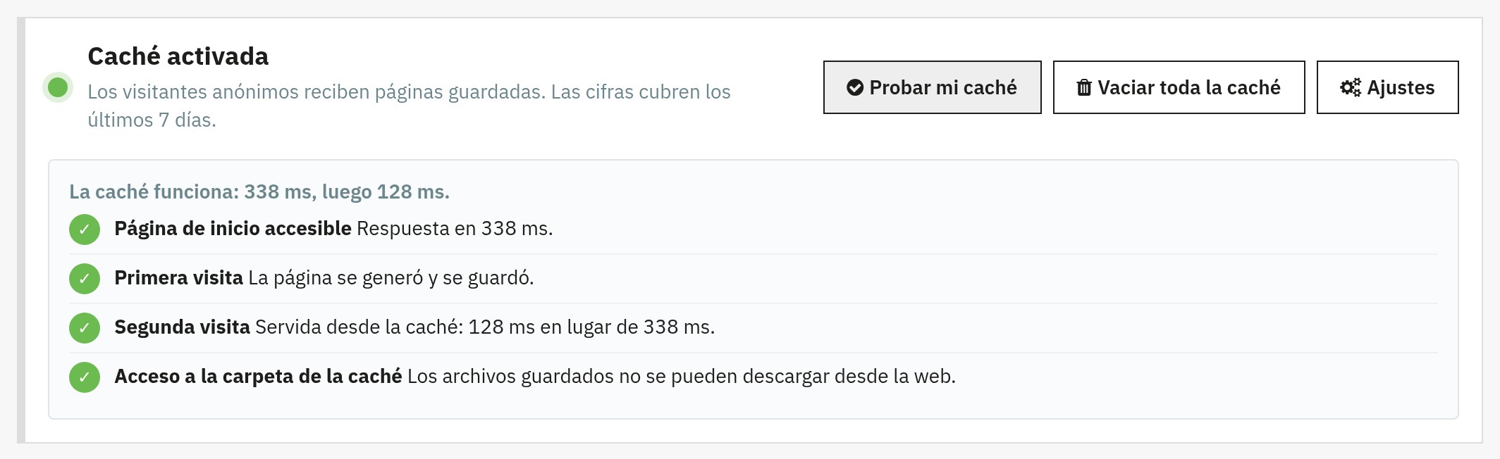 Resultado de «Probar mi caché»: primera visita generada y guardada, segunda visita servida desde la caché, con los dos tiempos de respuesta