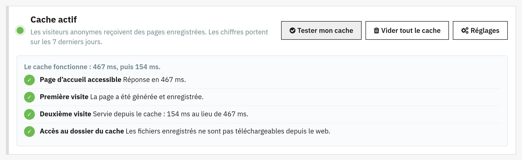 Résultat de « Tester mon cache » : première visite générée et enregistrée, seconde visite servie depuis le cache, avec les deux temps de réponse
