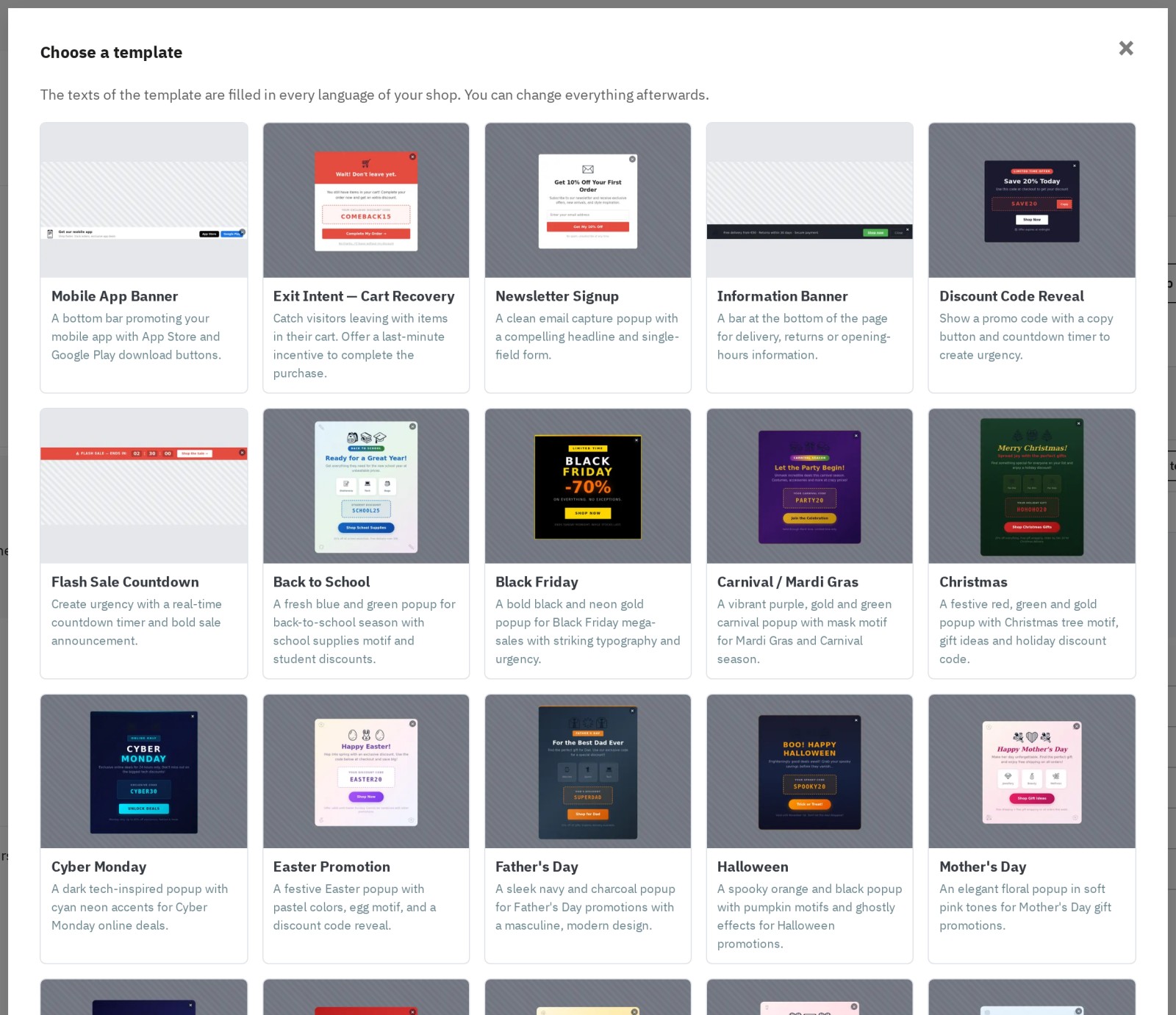 Pick one of 22 templates: their texts are filled in every language of your shop.