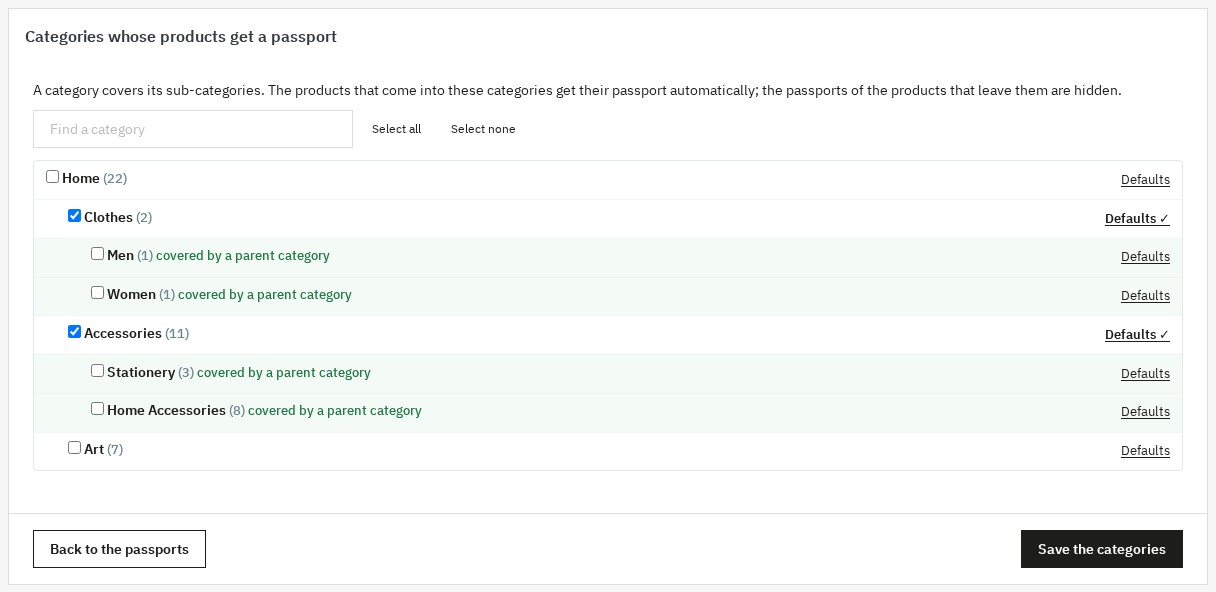 Category tree with the categories whose products get a passport