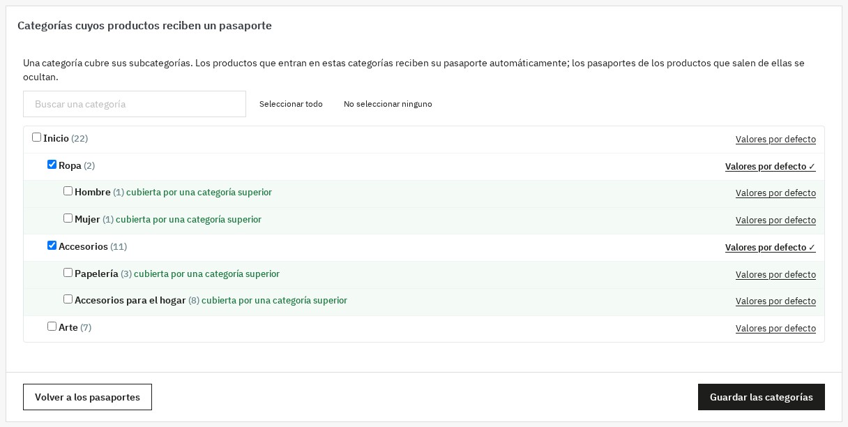 Árbol de las categorías cuyos productos reciben un pasaporte
