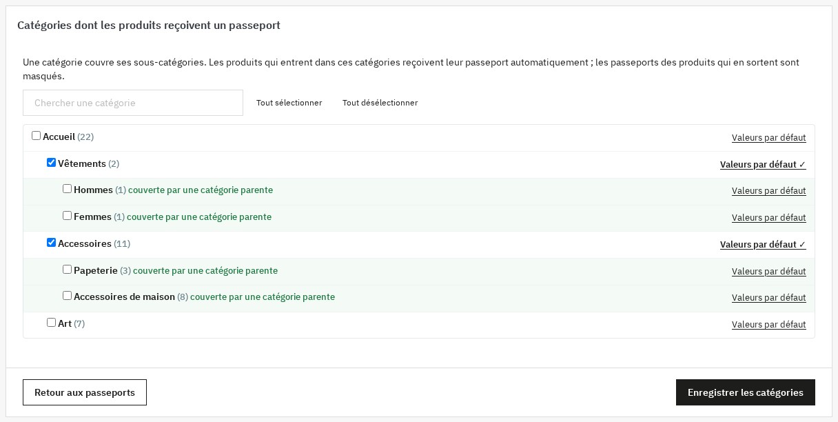 Arborescence des catégories dont les produits reçoivent un passeport