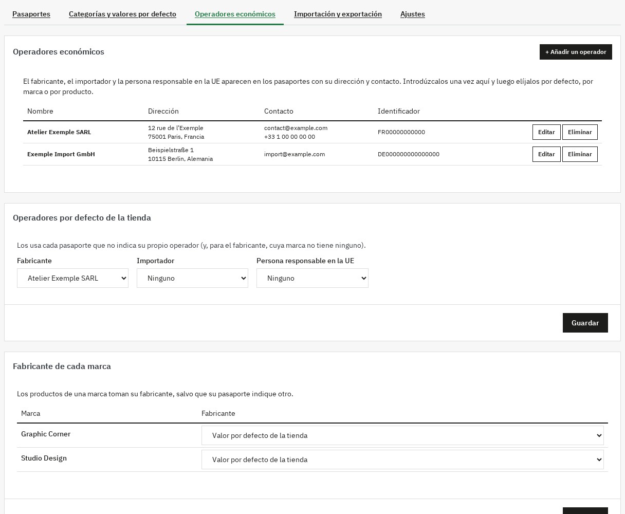 Operadores económicos con sus valores por defecto para la tienda y para cada marca