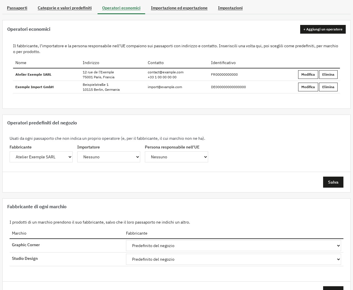 Operatori economici con i valori predefiniti per il negozio e per ogni marca