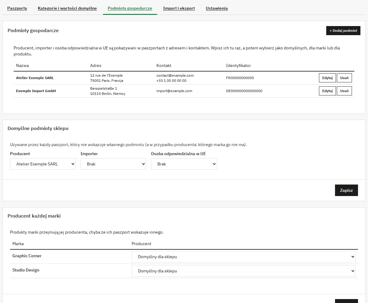 Podmioty gospodarcze z wartościami domyślnymi dla sklepu i każdej marki