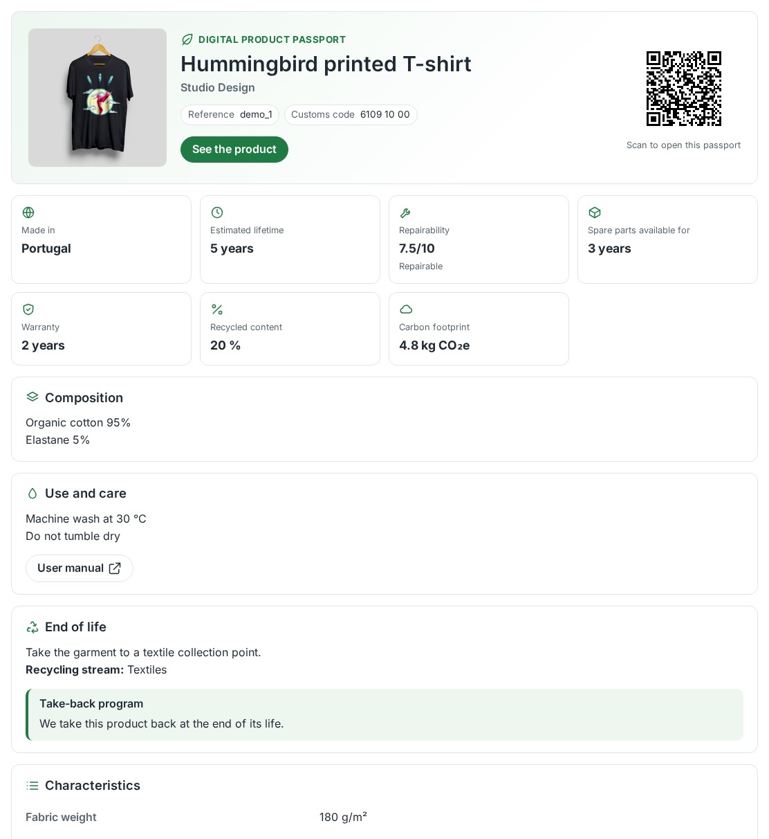 Digital product passport of a T-shirt: key facts, composition, care and end of life