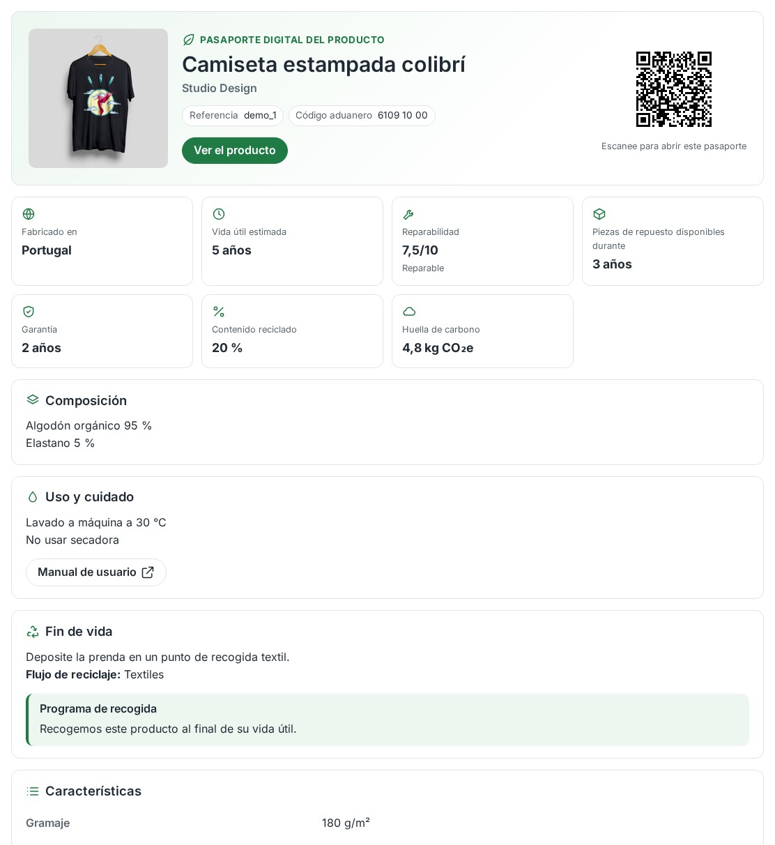 Pasaporte digital de una camiseta: datos clave, composición, cuidado y fin de vida