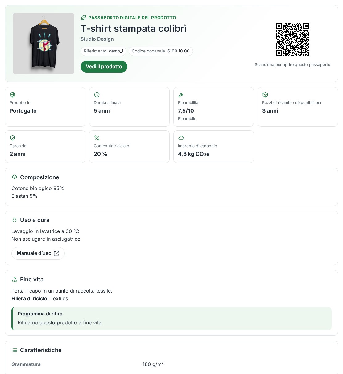Passaporto digitale di una T-shirt: dati chiave, composizione, manutenzione e fine vita