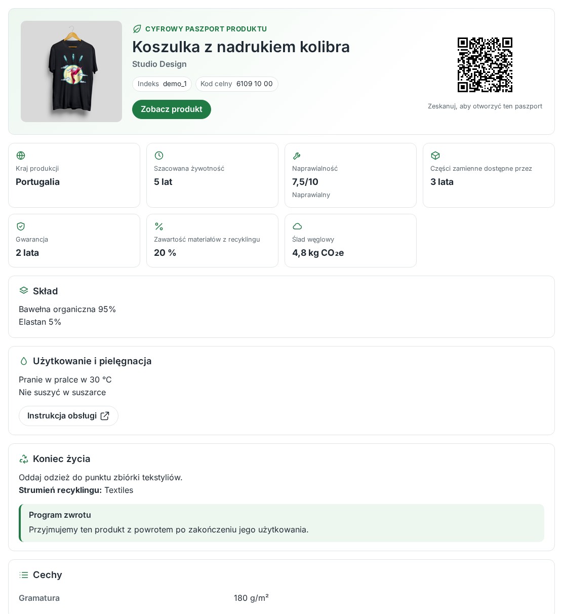 Cyfrowy paszport koszulki: kluczowe dane, skład, pielęgnacja i koniec życia