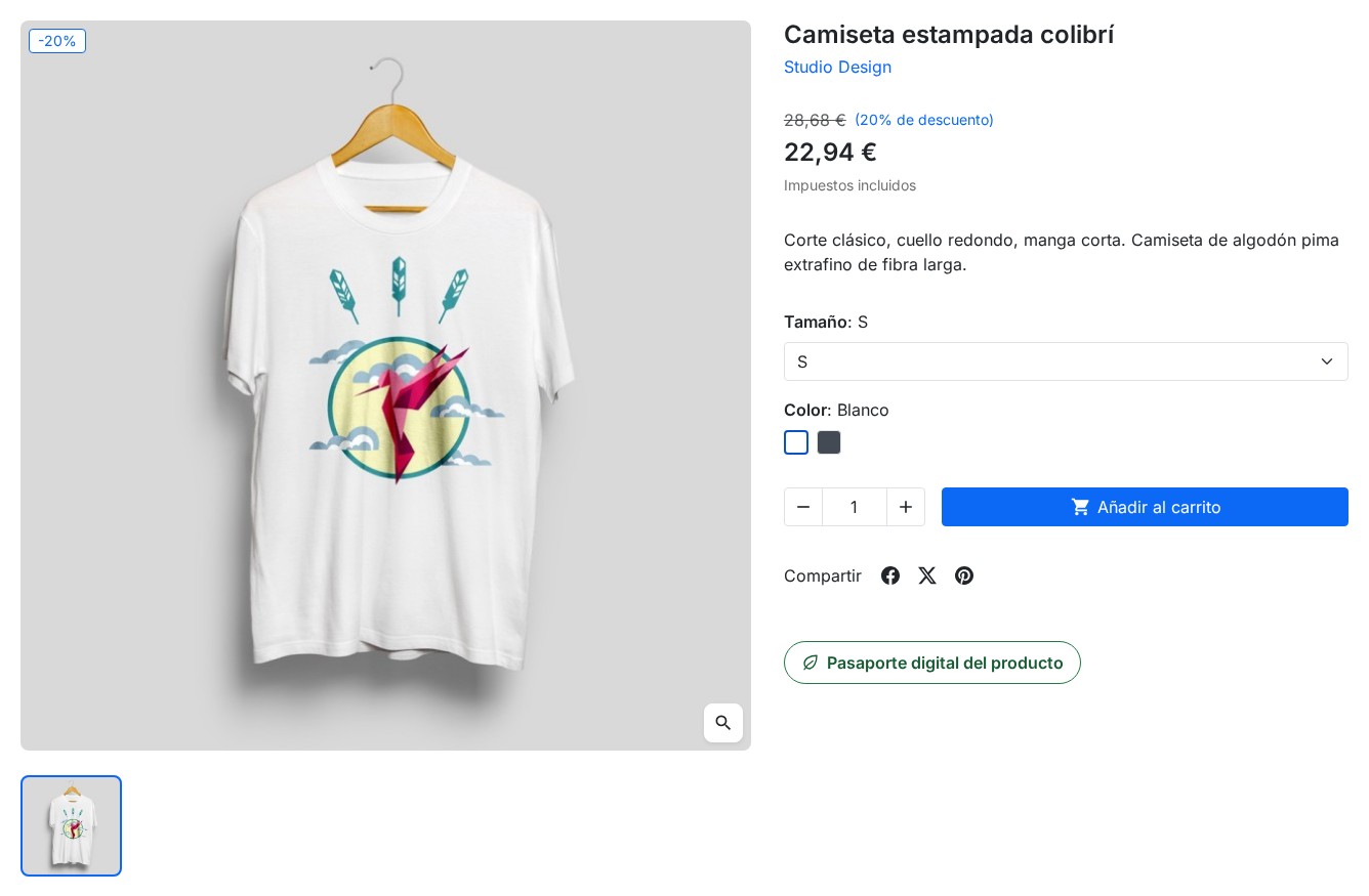 Ficha de producto de la tienda con el botón del pasaporte digital